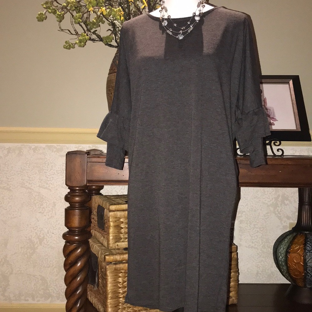 Bobeau Gray Double Sleeve Ruffle Tunic Dress